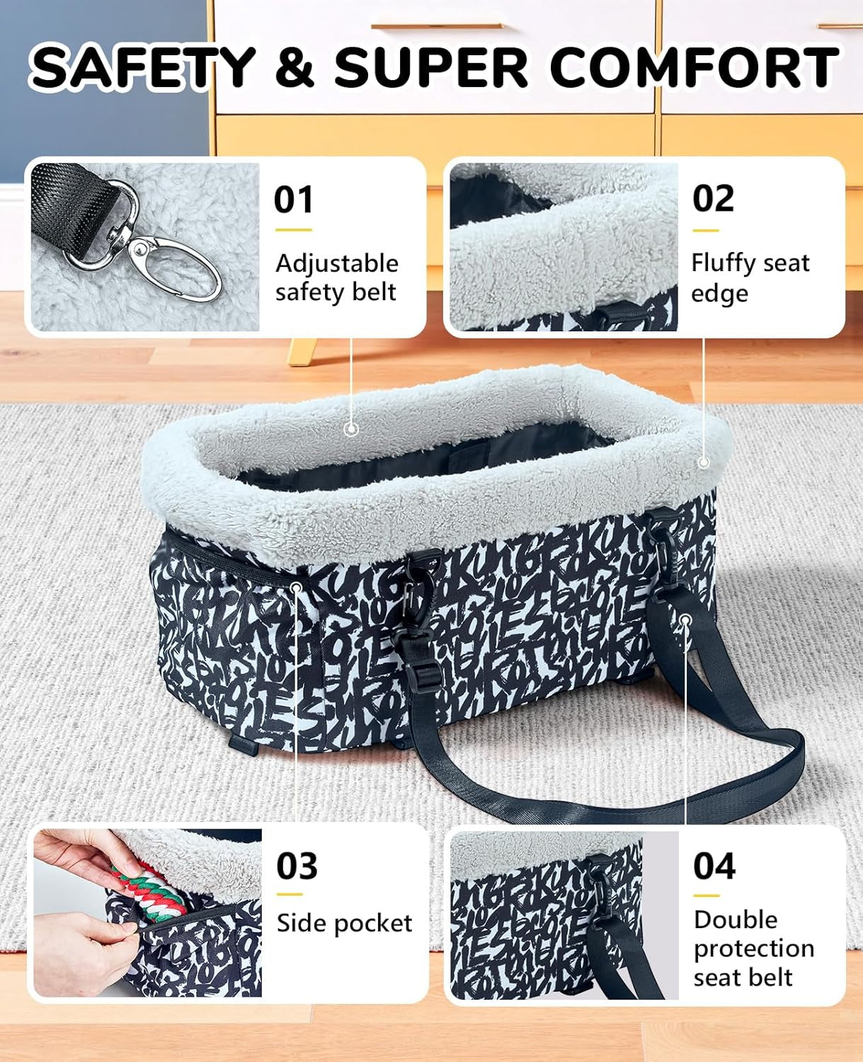 Center Console Dog Car Seat for Small Dogs, Puppy Cat Car Seat Booster with Soft Cushion Safety Belt, Seats Safe & Cozy Metal Frame Armrest Dog Booster Pet under 11 Lbs (Graffiti)