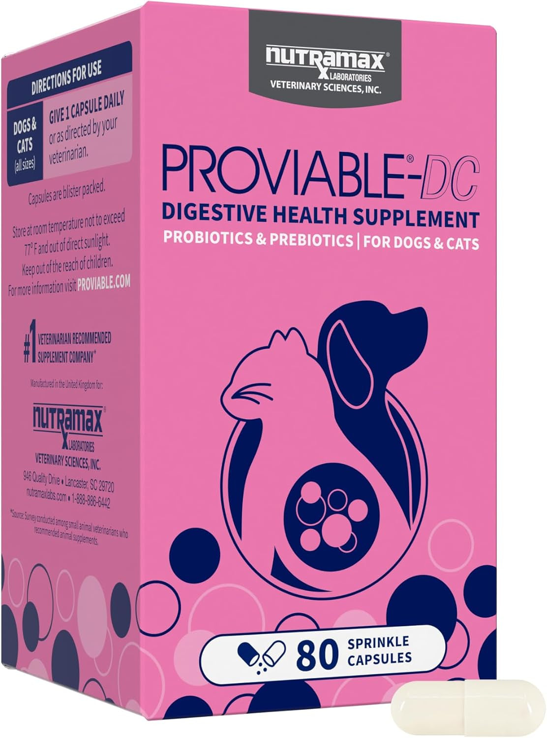 Nutramax Proviable Probiotics for Dogs and Cats, Daily Digestive Health Supplement with Multiple Strains of Bacteria, Cat and Dog Probiotics plus Prebiotics, 80 Capsules