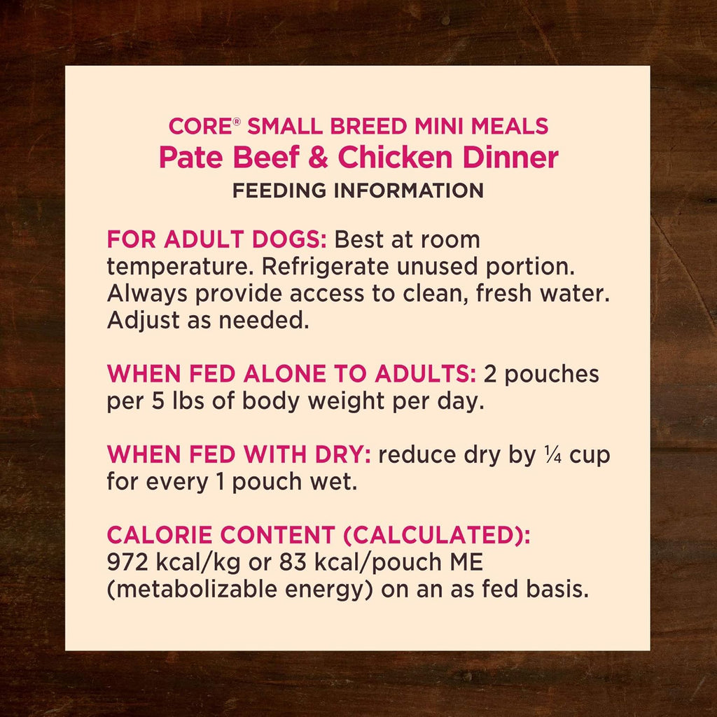 CORE Natural Grain Free Small Breed Mini Meals Wet Dog Food, Pate Beef & Chicken Dinner, 3-Ounce Pouch (Pack of 12)