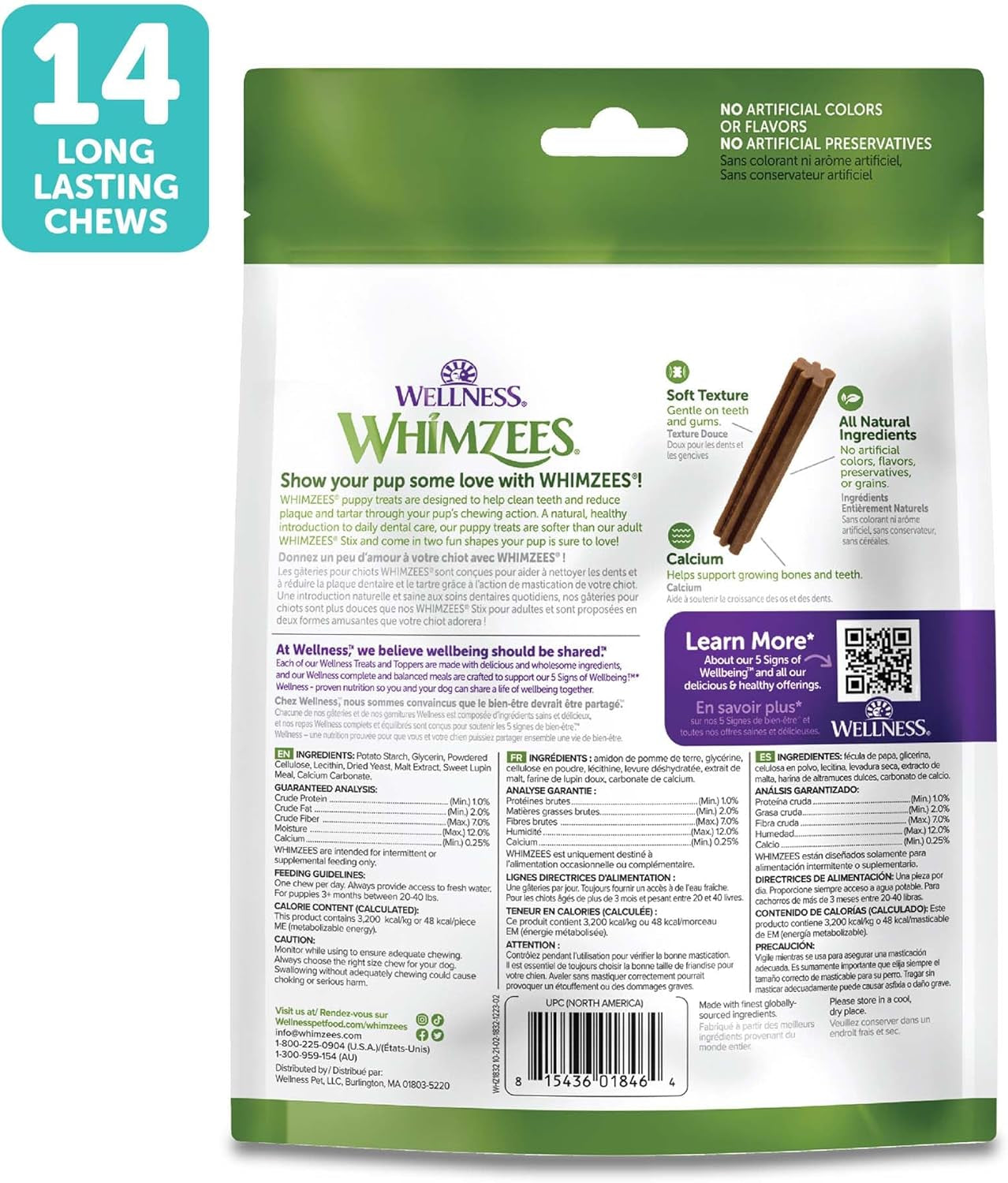 Wellness Puppy Dog Dental Treats, Natural Chews, Medium & Large Size Stick, (14 Count)