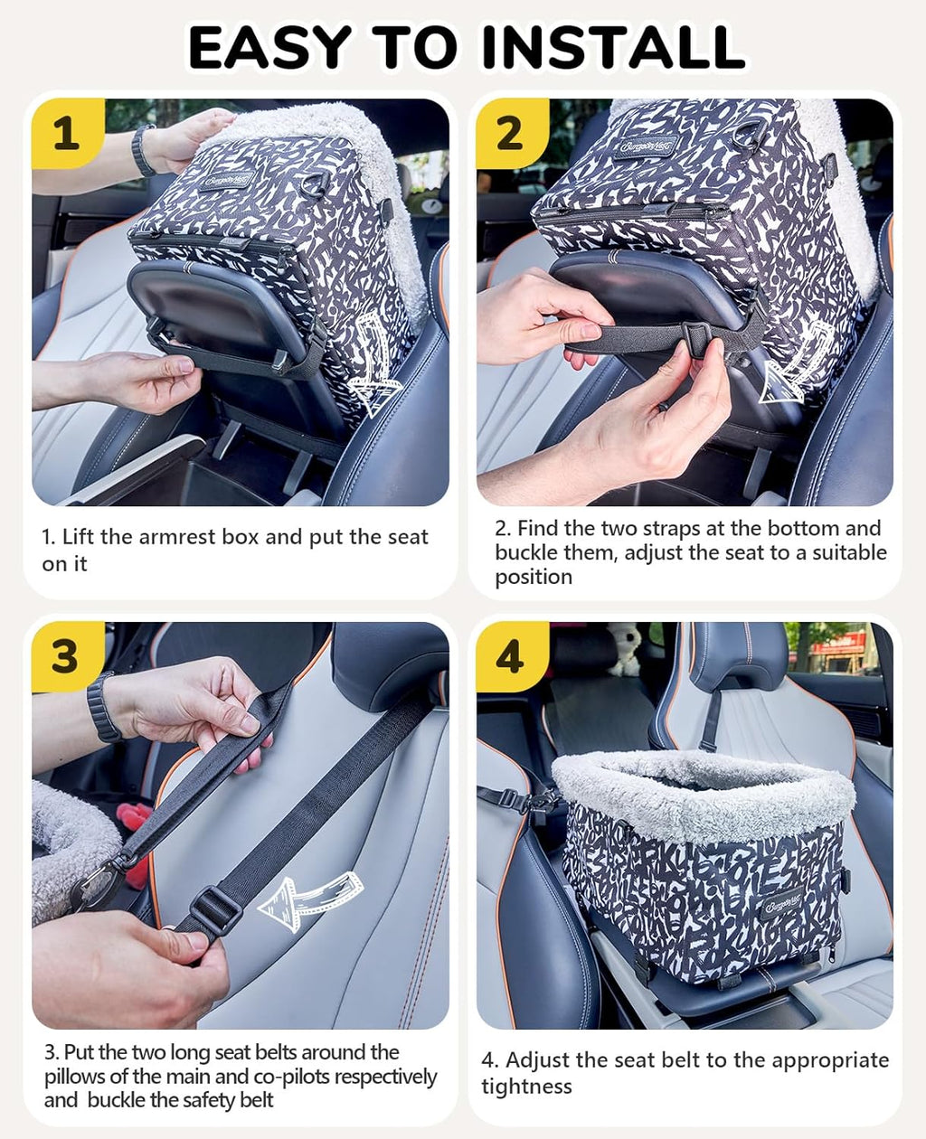 Center Console Dog Car Seat for Small Dogs, Puppy Cat Car Seat Booster with Soft Cushion Safety Belt, Seats Safe & Cozy Metal Frame Armrest Dog Booster Pet under 11 Lbs (Graffiti)