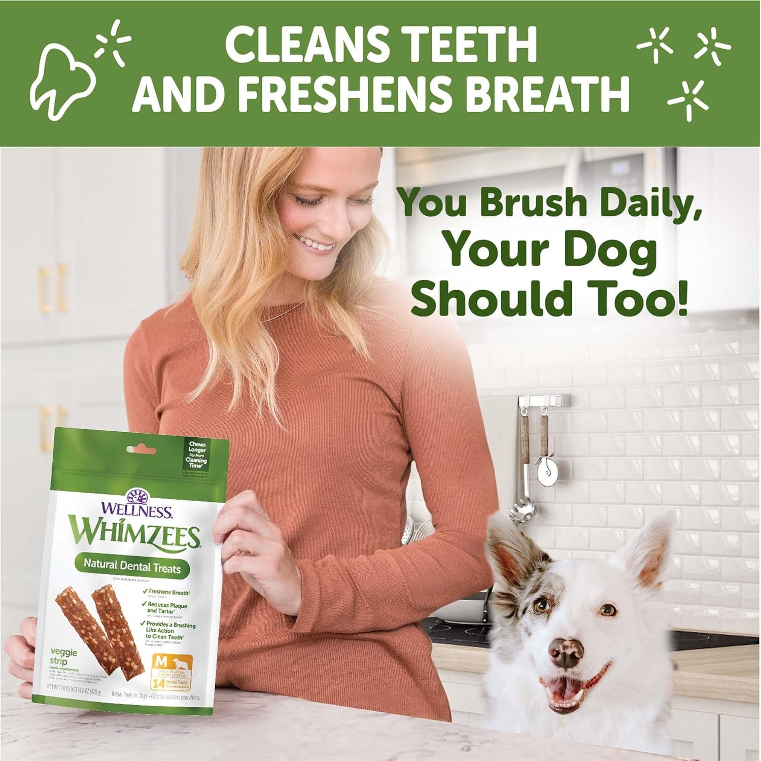 Wellness Veggie Sausage Dog Dental Treats, Natural Chews, Medium Size Stick, (14 Count)