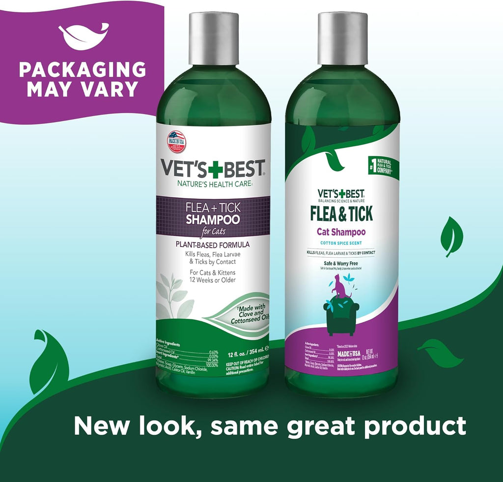 Vet’S Best Natural Flea and Tick Shampoo for Cats – Plant-Based Formula with Certified Essential Oils – Cat-Safe Flea Bath and Pest Control Treatment – Gentle and Effective – 12 Oz Bottle