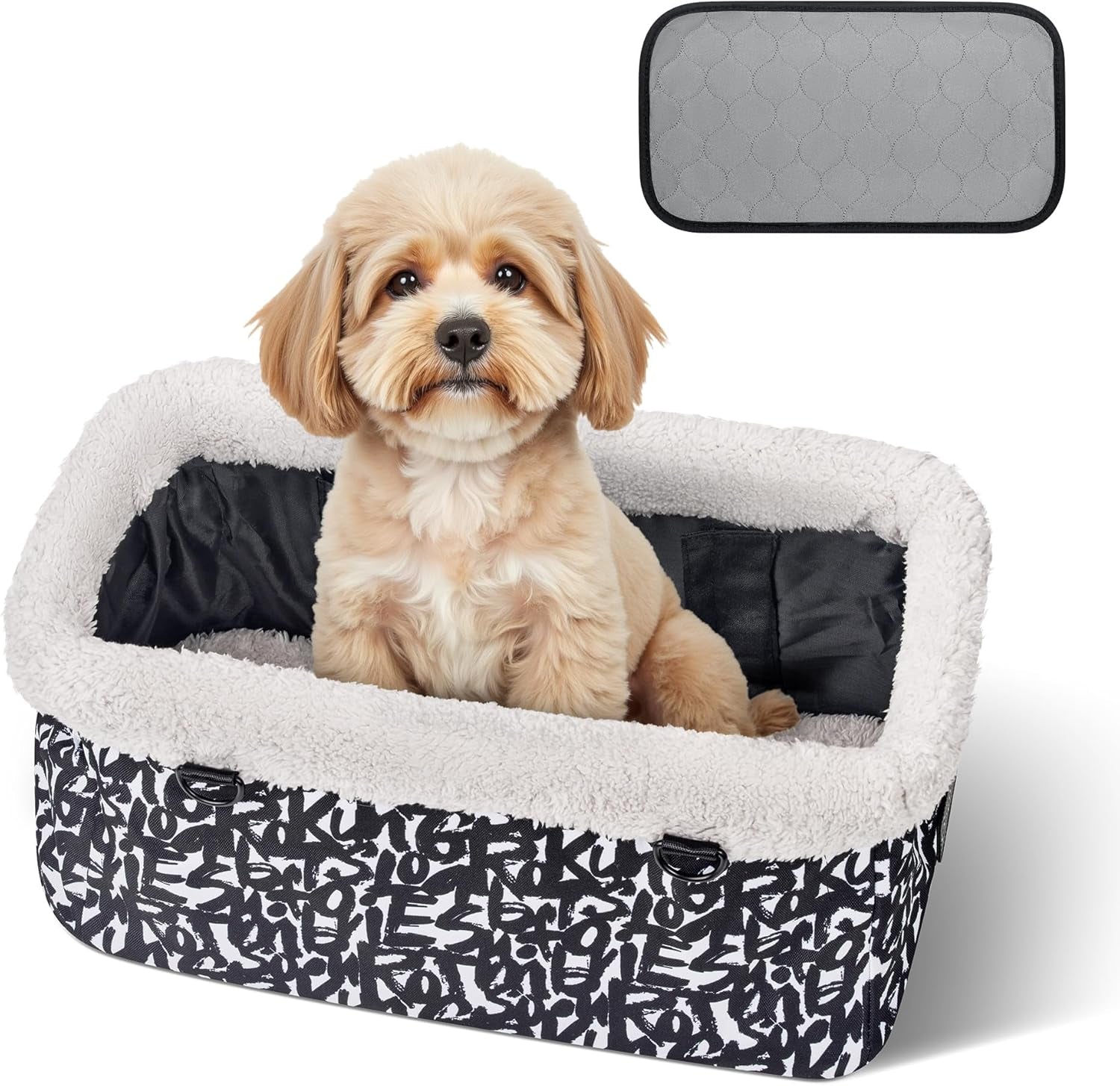 Center Console Dog Car Seat for Small Dogs, Puppy Cat Car Seat Booster with Soft Cushion Safety Belt, Seats Safe & Cozy Metal Frame Armrest Dog Booster Pet under 11 Lbs (Graffiti)