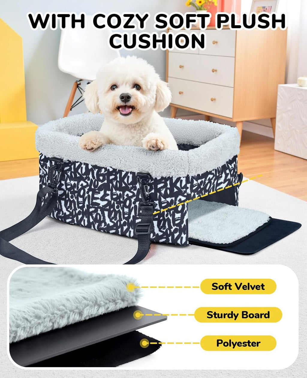 Center Console Dog Car Seat for Small Dogs, Puppy Cat Car Seat Booster with Soft Cushion Safety Belt, Seats Safe & Cozy Metal Frame Armrest Dog Booster Pet under 11 Lbs (Graffiti)