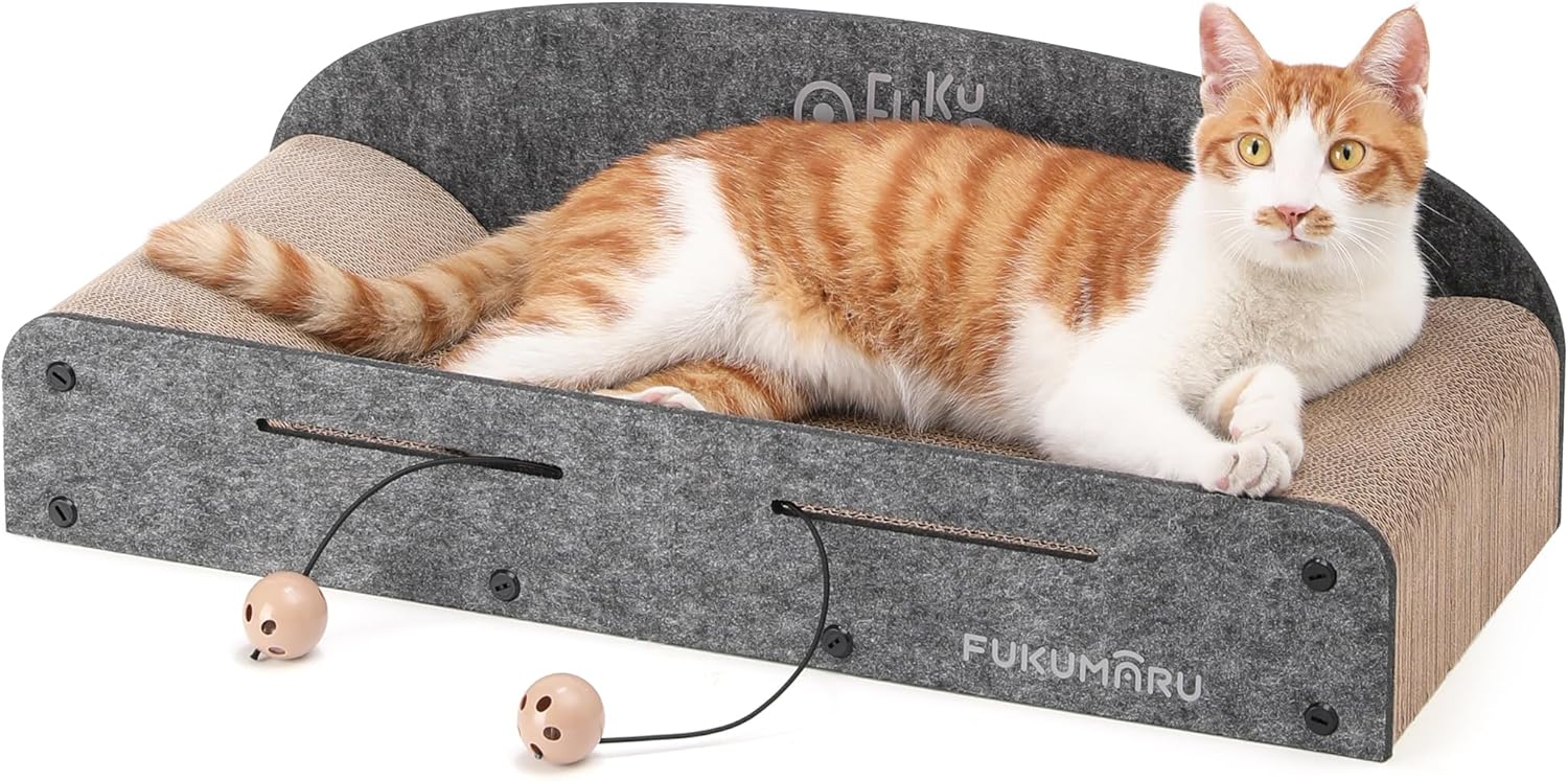 26 Inch Cat Scratcher Cardboard Lounge Bed, Durable Cat Scratcher Extra Large Lounger, 2 Reversible Cat Scratching Pads Refill for Indoor Cats, Cat Scratch Bed Cardboard Toy, Caramel Color