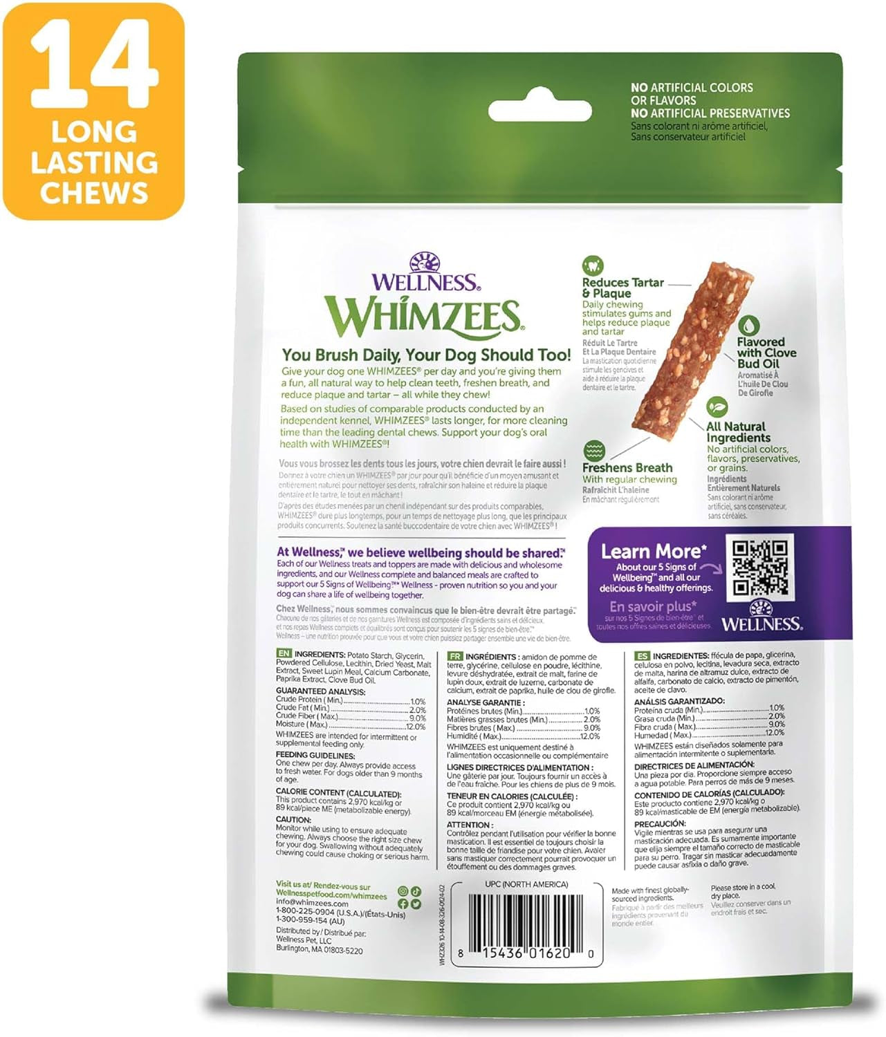 Wellness Veggie Sausage Dog Dental Treats, Natural Chews, Medium Size Stick, (14 Count)