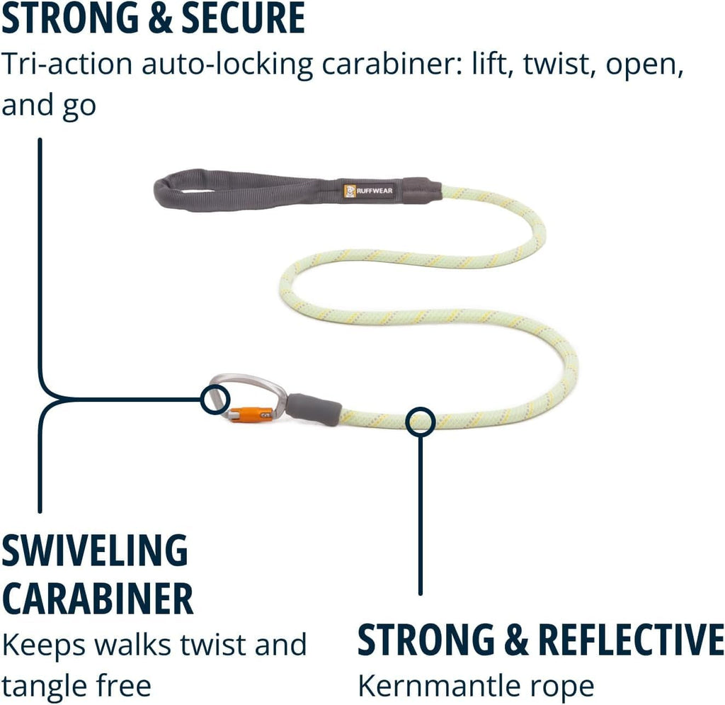 , Knot‑A‑Leash, Climbing‑Inspired Rope Leash, 5 Ft Reflective Rope, Secure Auto‑Locking Swivel Carabiner, Tubular Handle, Accessory Loop for Pick‑Up Bags, Moss Green, Large