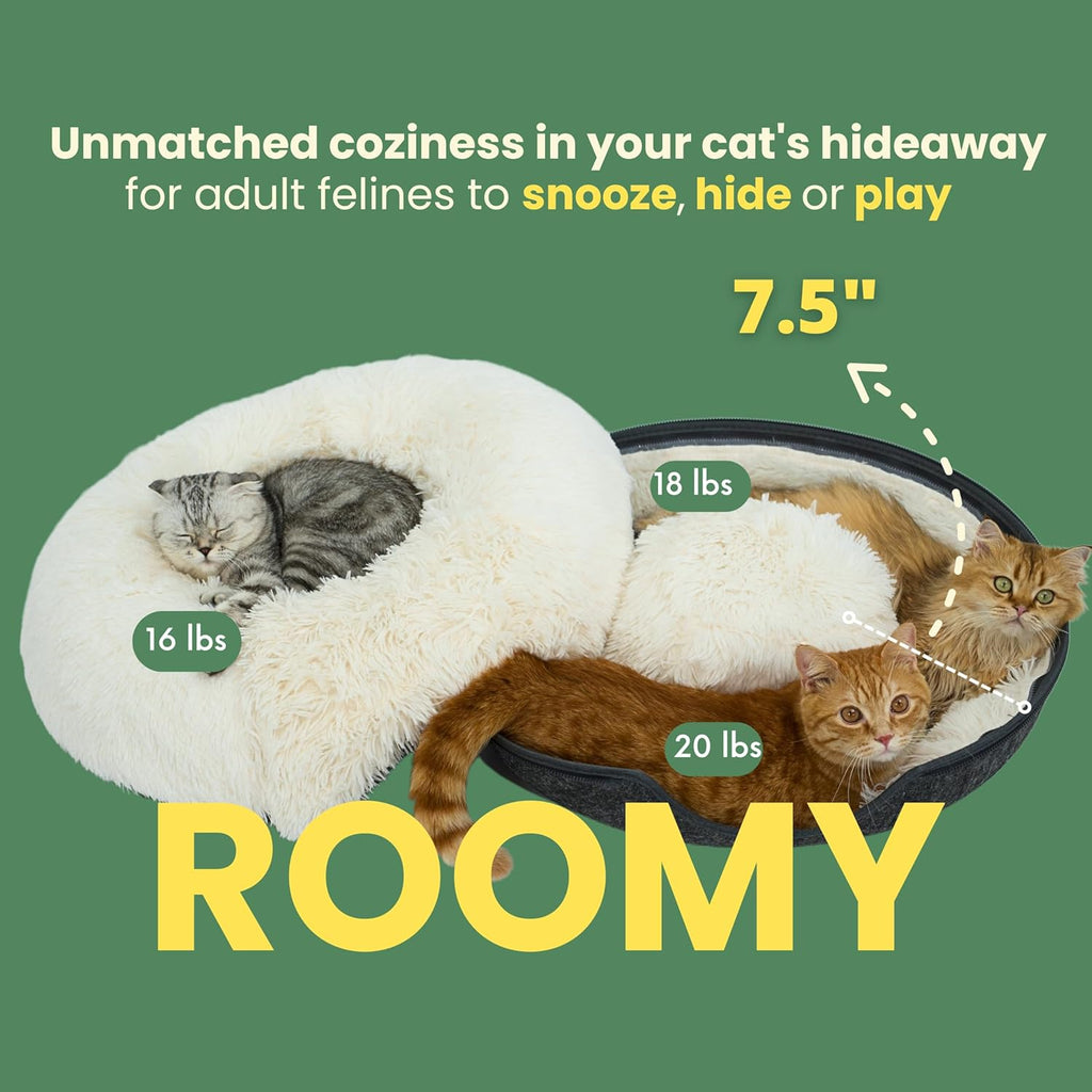 Peekaboo Cat Cave for Multiple & Large Cats up to 30-45 Lbs, Fluffy Cat Beds for Indoor Cats, Scratch Detachable & Washable Tunnel Bed, Comfy Donut Cave (Dark Gray, Large (Calming))