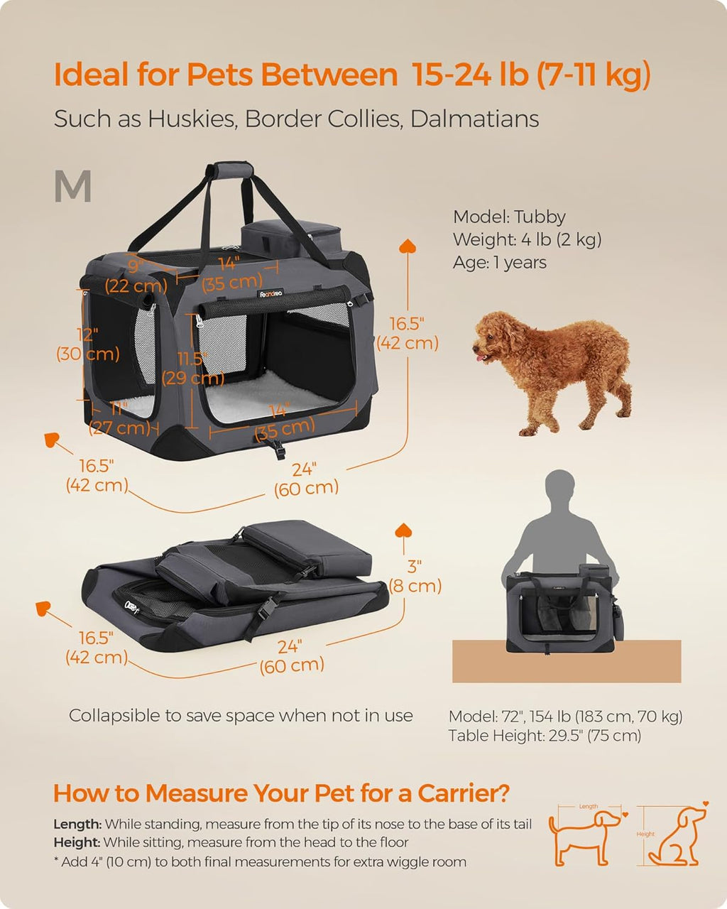 24 Inches Collapsible Soft Dog Crate, Portable Travel Dog Crate for Indoor and Outdoor Use, Dog Carrier Kennel with Safety Zippers, for Living Room, Car, Travelling, Camping, Gray UPDC60GY