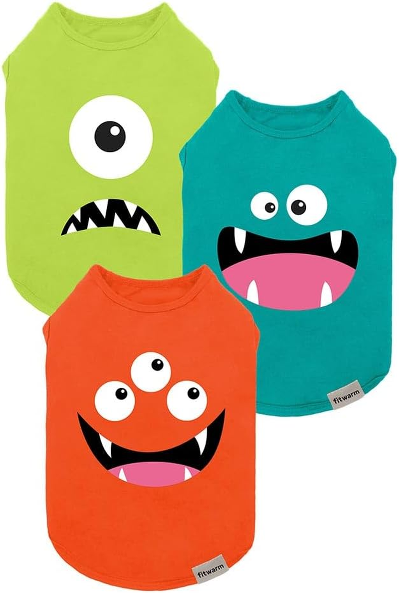 3 Pack Monster Dog Shirt, Lightweight Funny Dog Tshirt, Summer Clothes for Small Dogs Boy Girl, Pet Outfit, Orange, Green, Teal, Small