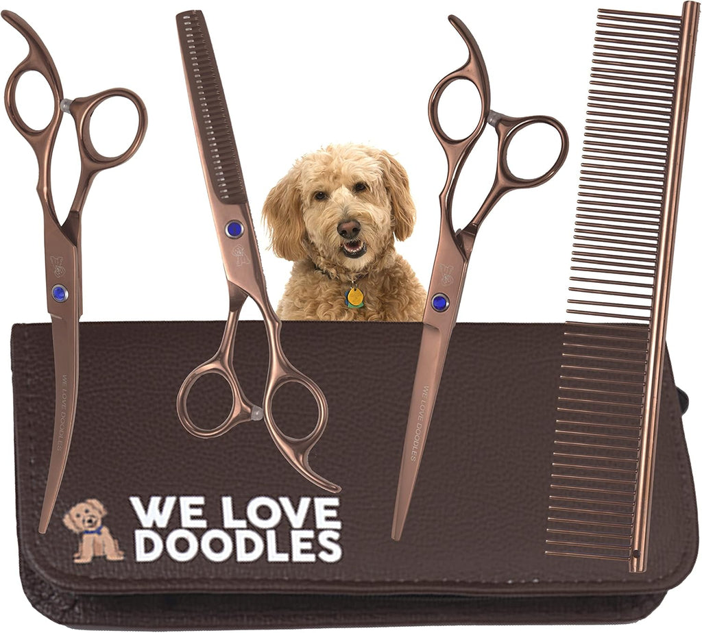 Dog Grooming Scissors Kit - Best Tools for Goldendoodles, Poodles & Doodles - Straight, Curved & Thinning Shears - Golden Doodle Grooming Kit - Professional Grade Steel, 4 Pc Set []