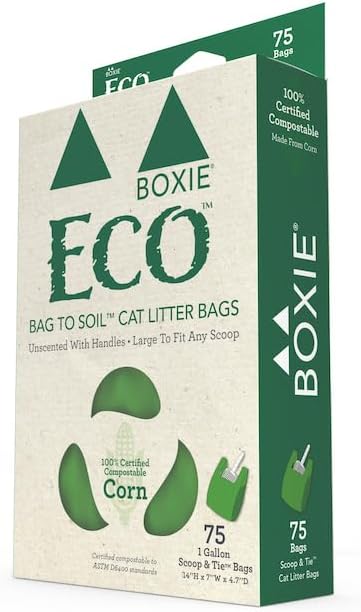 Boxie Eco 100% Compostable Scoop & Tie Pet Waste Bags, 150 Count, Leak-Proof, Easy-To-Tie Handles, Durable Corn Starch, Multi-Pet Friendly, Eco-Friendly for Cat Litter & Dog Waste (Pack of 2)