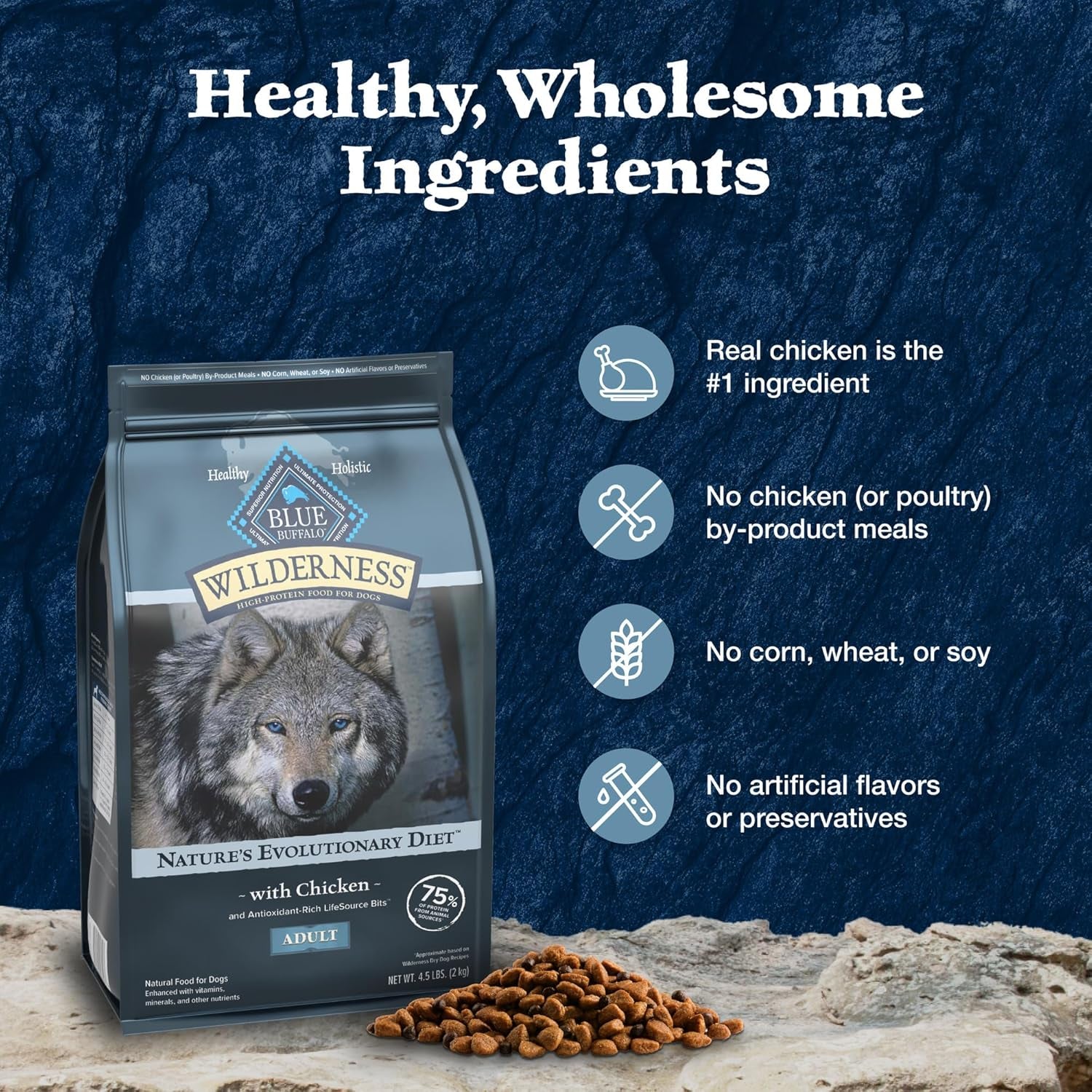 Wilderness Natural High-Protein Dry Food for Adult Dogs, Chicken Recipe, 24-Lb. Bag