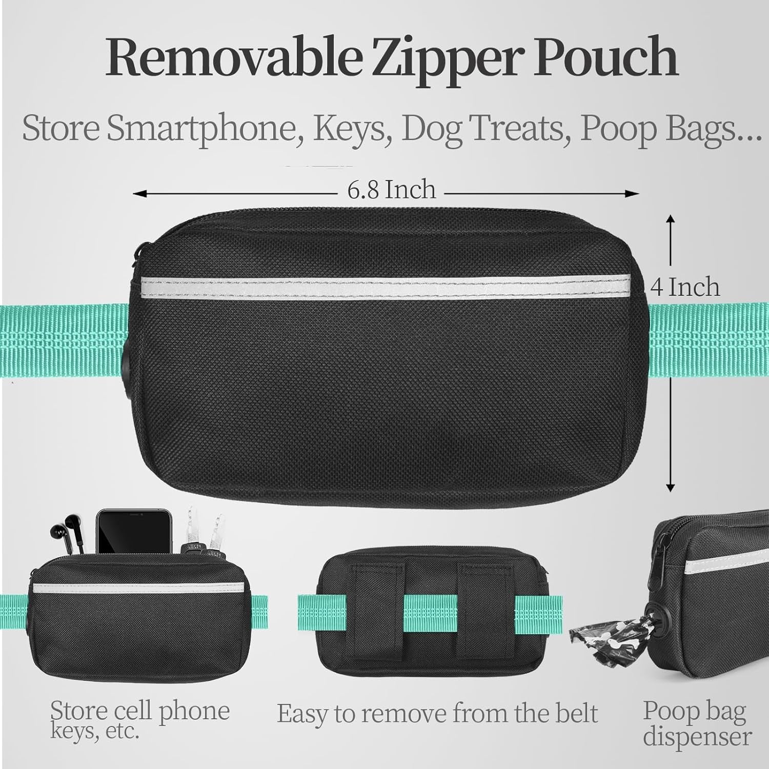 Hands Free Dog Leash with Zipper Pouch, Dual Padded Handles and Durable Bungee for Walking, Jogging and Running Your Dog (Large, 25-120 Lbs, Teal)