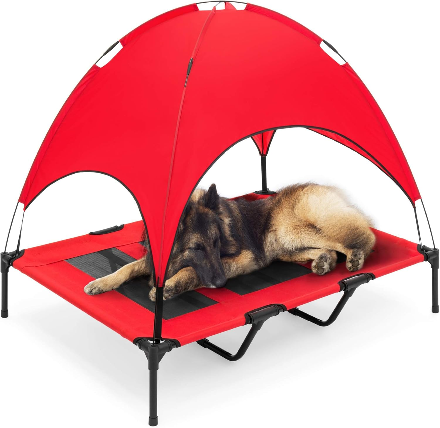 48In Elevated Cooling Dog Bed, Outdoor Raised Mesh Pet Cot W/Removable Canopy Shade Tent, Carrying Bag, Breathable Fabric - Red