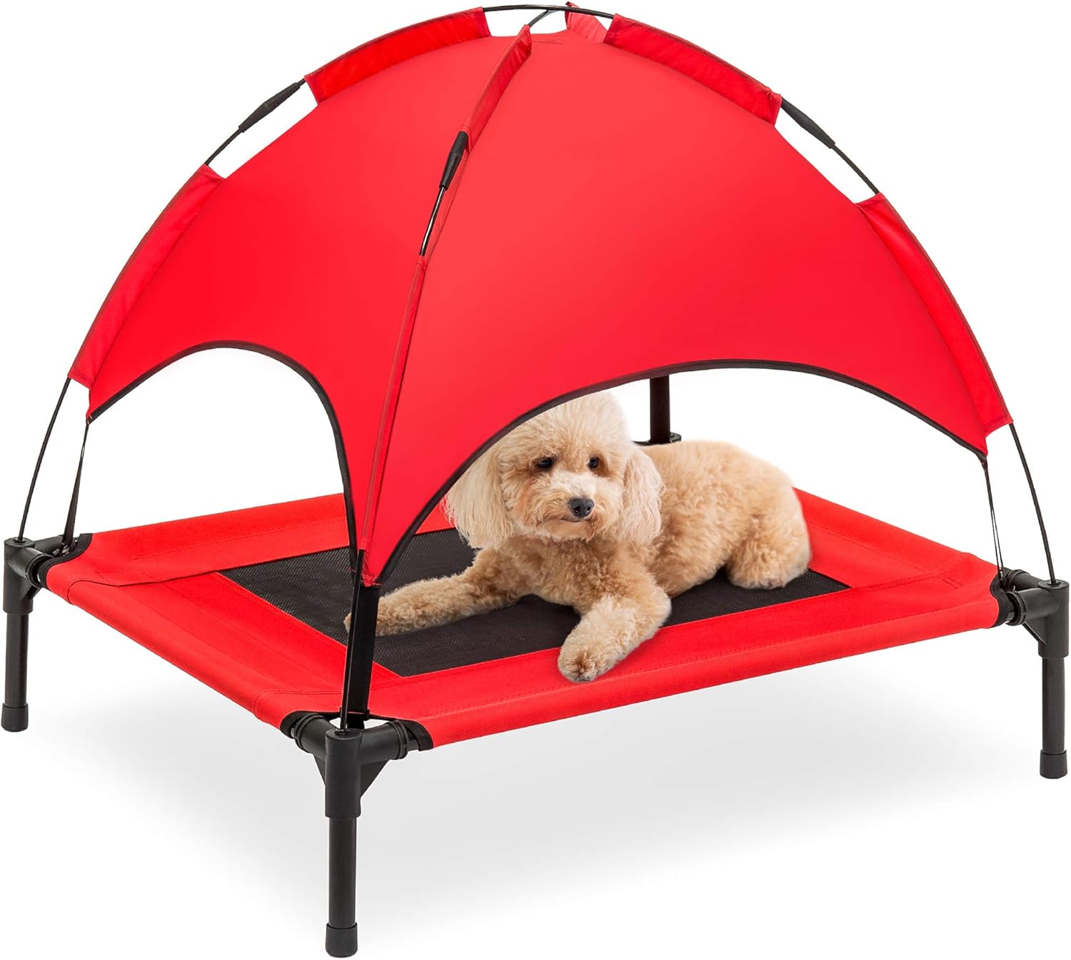 48In Elevated Cooling Dog Bed, Outdoor Raised Mesh Pet Cot W/Removable Canopy Shade Tent, Carrying Bag, Breathable Fabric - Red