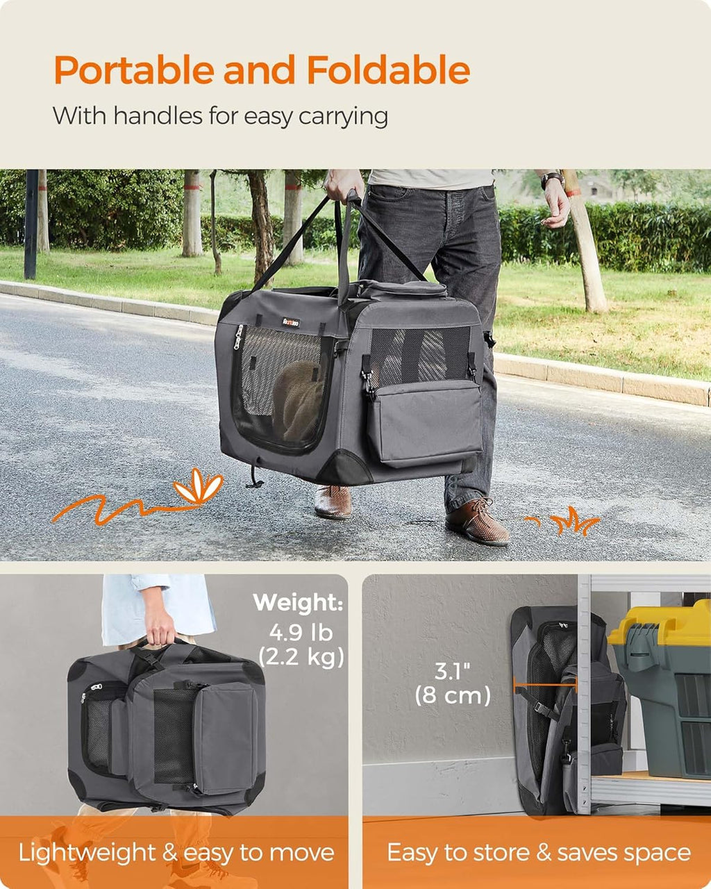 24 Inches Collapsible Soft Dog Crate, Portable Travel Dog Crate for Indoor and Outdoor Use, Dog Carrier Kennel with Safety Zippers, for Living Room, Car, Travelling, Camping, Gray UPDC60GY