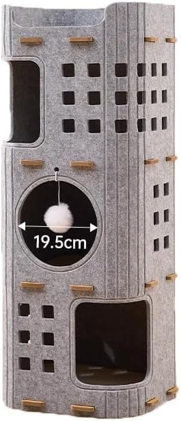 Modern Cat Tower with 3 Levels, 38.5" Tall Hideaway Cat Tree Design, Plush Fleece Top Bed, Built-In Pom-Pom Toys, Natural Ribbed Felt Exterior (Beige)