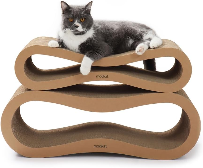 ® Premium 2 Cat Scratcher Set. Large (30L X 10.6H In.) and Small (26.6L X 7H In.) Sizes. Scratch, Play Lounge. High-Grade Cardboard, 100% Recyclable, Reversible.