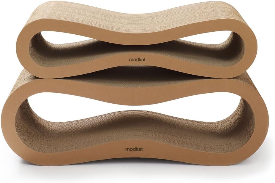 ® Premium 2 Cat Scratcher Set. Large (30L X 10.6H In.) and Small (26.6L X 7H In.) Sizes. Scratch, Play Lounge. High-Grade Cardboard, 100% Recyclable, Reversible.