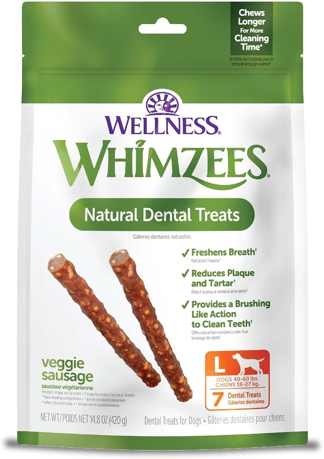 Wellness Veggie Sausage Dog Dental Treats, Natural Chews, Large Size Stick, (7 Count)