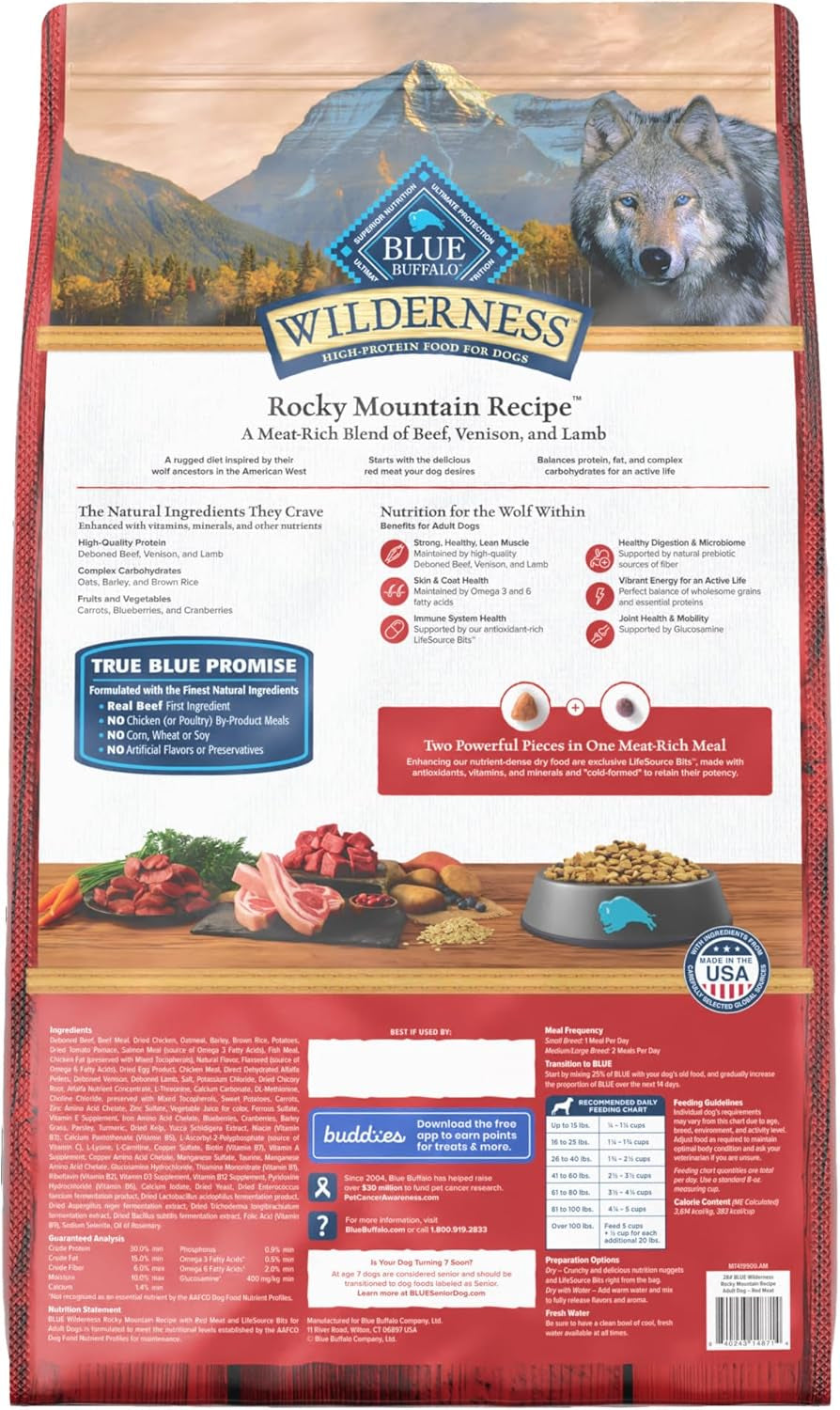Wilderness Rocky Mountain Recipe High-Protein Adult Dry Dog Food, Made in the USA with Natural Ingredients plus Wholesome Grains, Red Meat, 28-Lb. Bag