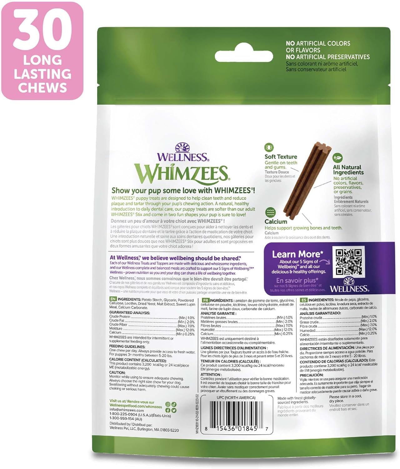 Wellness Puppy Dog Dental Treats, Natural Chews, Extra Small & Small Size Stick, (30 Count)