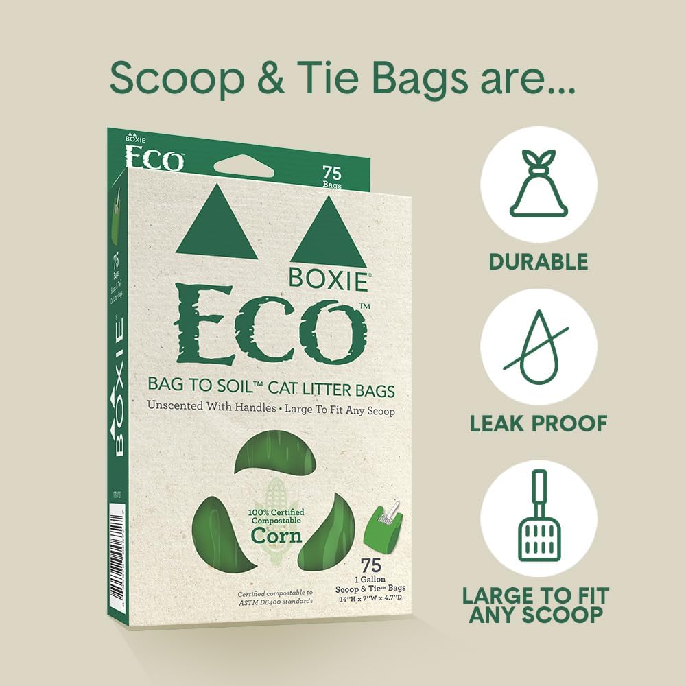 Boxie Eco 100% Compostable Scoop & Tie Pet Waste Bags, 150 Count, Leak-Proof, Easy-To-Tie Handles, Durable Corn Starch, Multi-Pet Friendly, Eco-Friendly for Cat Litter & Dog Waste (Pack of 2)