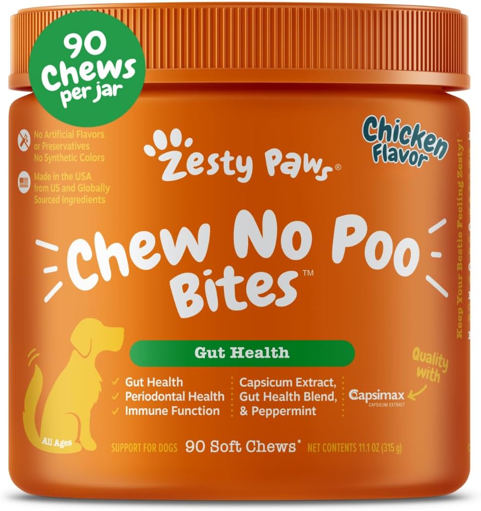 Chew No Poo Bites for Dogs - Coprophagia Relief - Stool Eating Deterrent Soft Chews for Dogs - Gut, Periodontal & Immune System Support with Probiotics - Chicken - 90 Ct