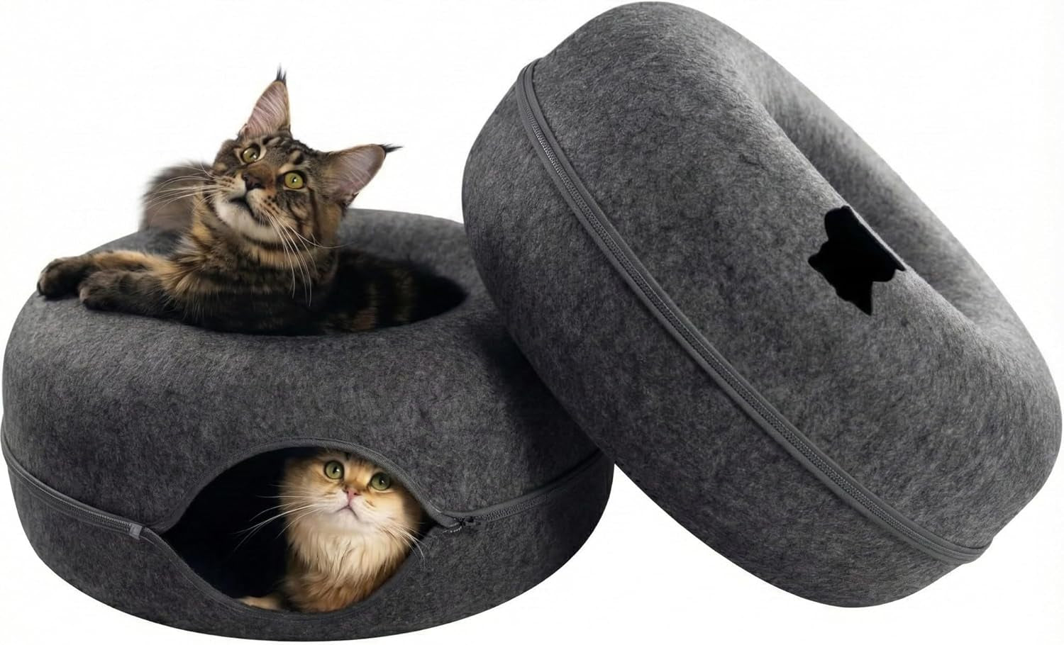 Peekaboo Cat Cave Donut for Multiple & Large Cats up to 30-45 Lbs, 3-In-1 Self Warming Cat Bed, Tunnel & Scratcher for Indoor Cats, Washable & Detachable (Dark Gray + Dark Gray, Large)