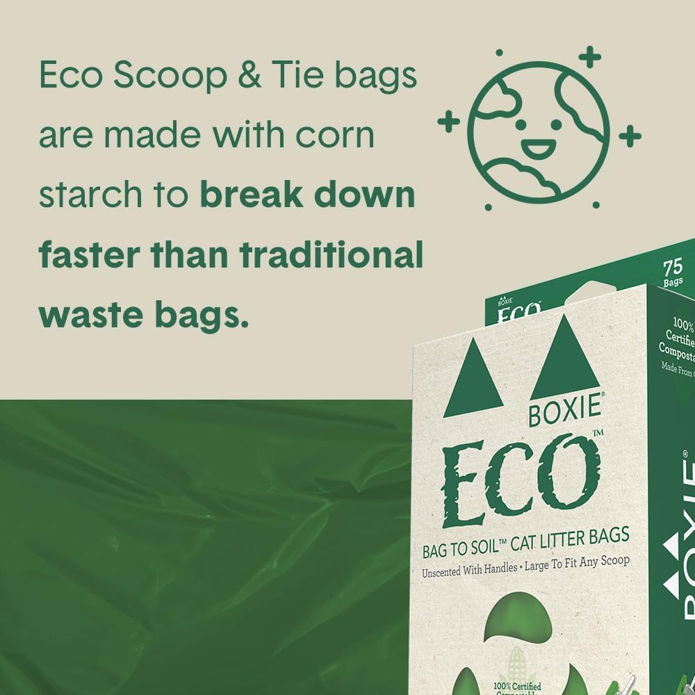 Boxie Eco 100% Compostable Scoop & Tie Pet Waste Bags, 150 Count, Leak-Proof, Easy-To-Tie Handles, Durable Corn Starch, Multi-Pet Friendly, Eco-Friendly for Cat Litter & Dog Waste (Pack of 2)