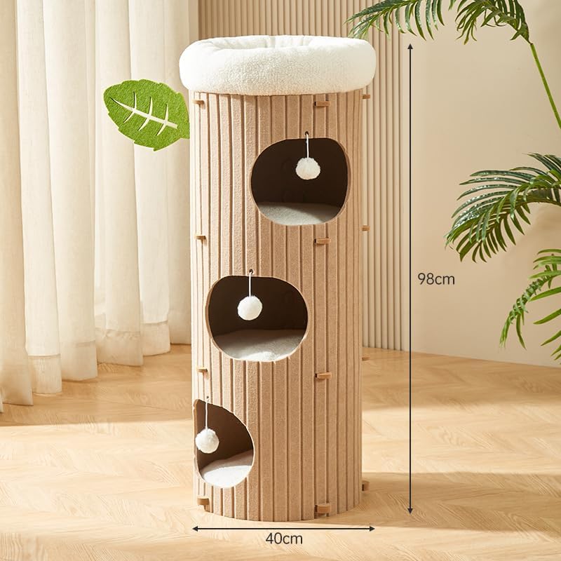 Modern Cat Tower with 3 Levels, 38.5" Tall Hideaway Cat Tree Design, Plush Fleece Top Bed, Built-In Pom-Pom Toys, Natural Ribbed Felt Exterior (Beige)