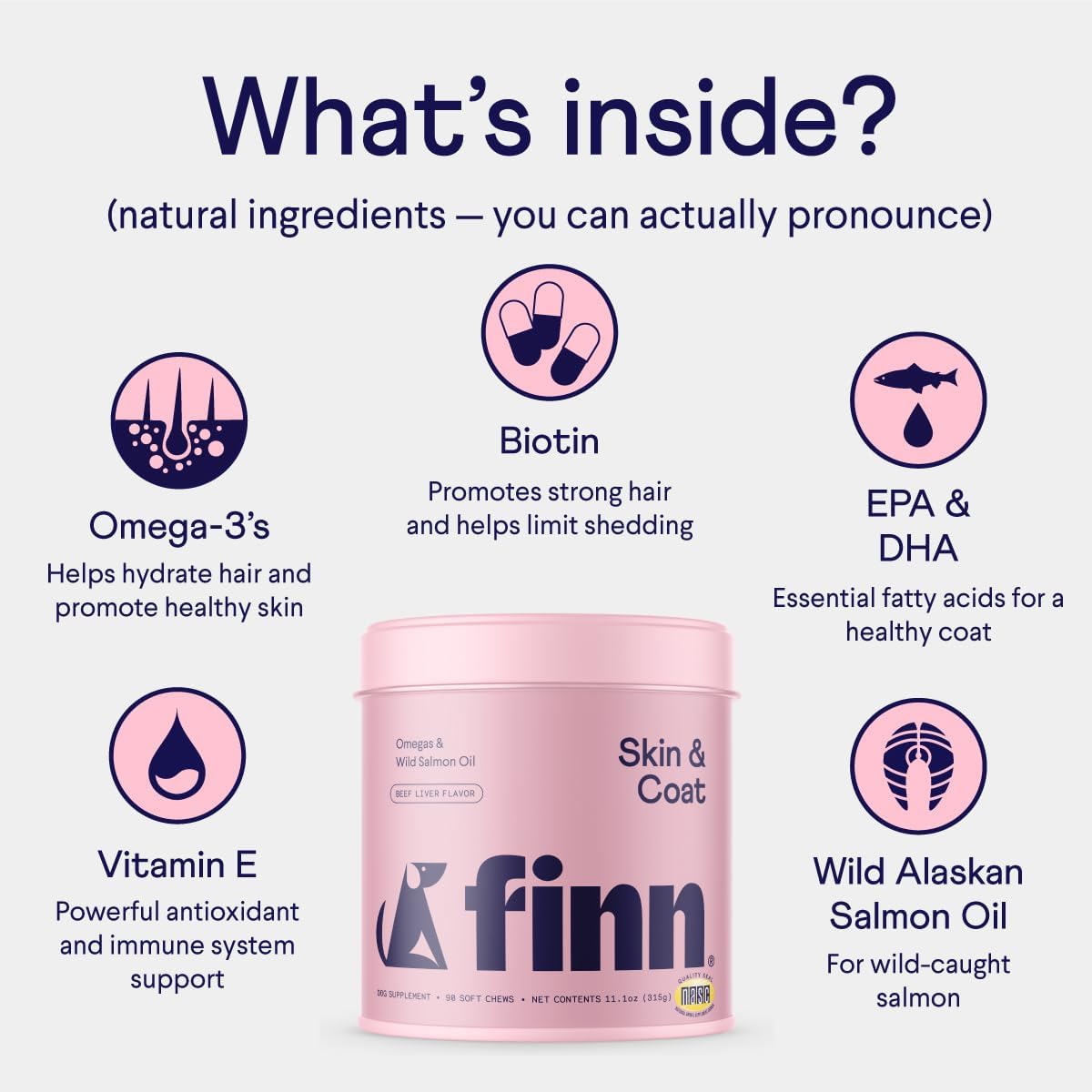 Skin & Coat Salmon Oil Supplement for Dogs | Supports a Thick & Shiny Coat | Fish Oil from Wild Alaskan Salmon, Omega-3S, EPA & DHA, Biotin, & Zinc | 90 Soft Chews