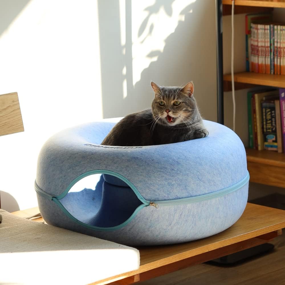 Peekaboo Cat Cave Donut for Multiple & Large Cats up to 30-45 Lbs, 3-In-1 Self Warming Cat Bed, Tunnel & Scratcher for Indoor Cats, Washable & Detachable Small Dog Bed (Blue, Large)