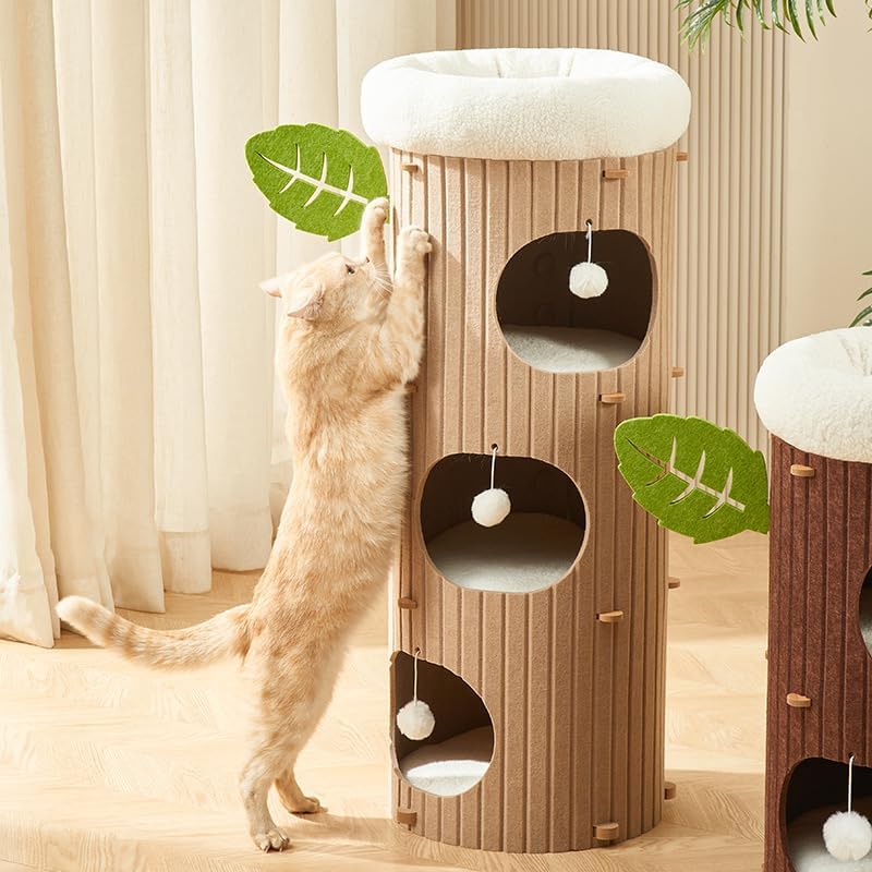 Modern Cat Tower with 3 Levels, 38.5" Tall Hideaway Cat Tree Design, Plush Fleece Top Bed, Built-In Pom-Pom Toys, Natural Ribbed Felt Exterior (Beige)
