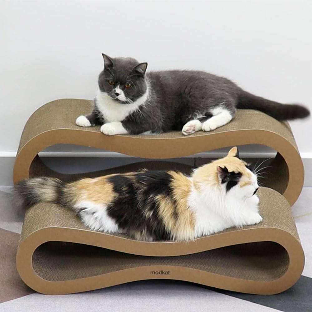 ® Premium 2 Cat Scratcher Set. Large (30L X 10.6H In.) and Small (26.6L X 7H In.) Sizes. Scratch, Play Lounge. High-Grade Cardboard, 100% Recyclable, Reversible.