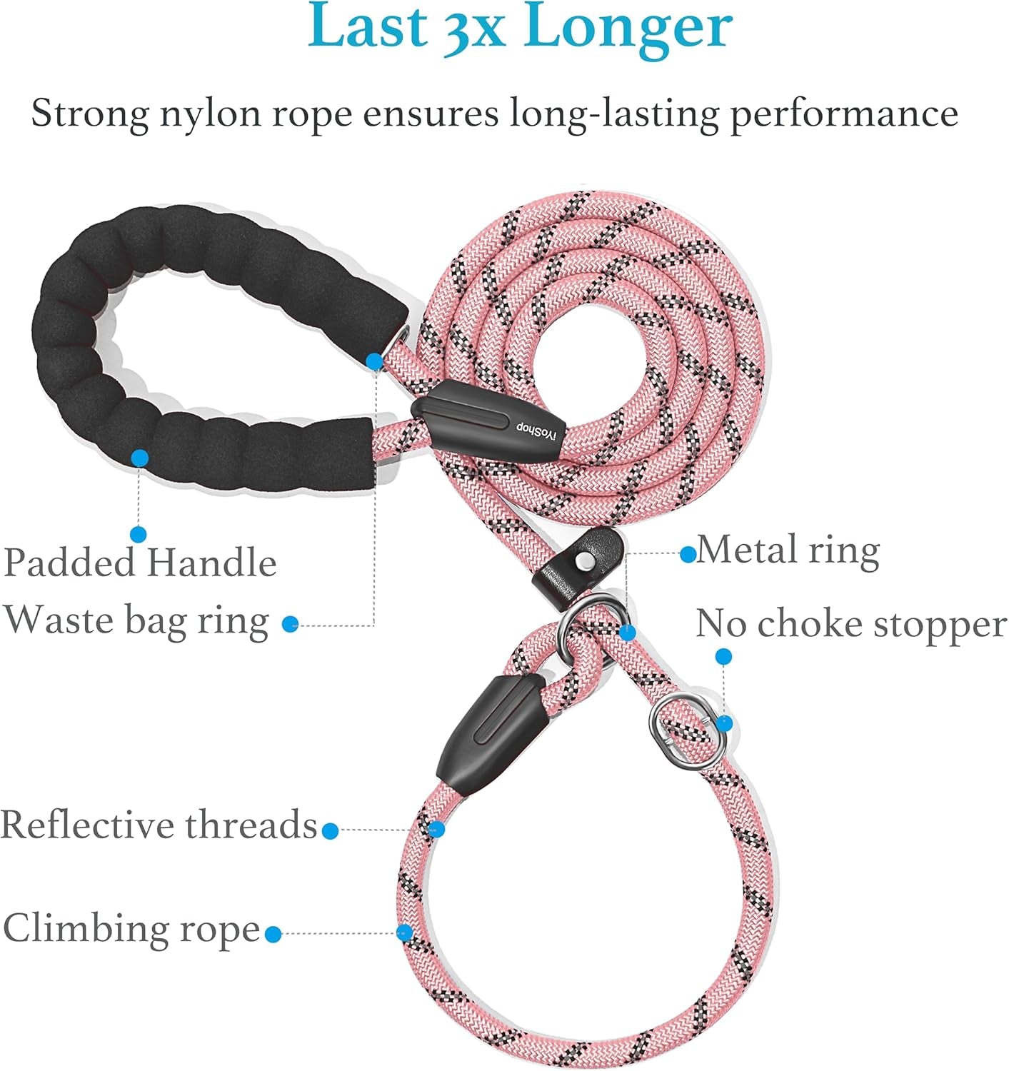 Durable Slip Lead Dog Leash with Padded Handle and Highly Reflective Threads, No Pull Dog Training Leash, (3/8" X 6 FT, Baby Pink)