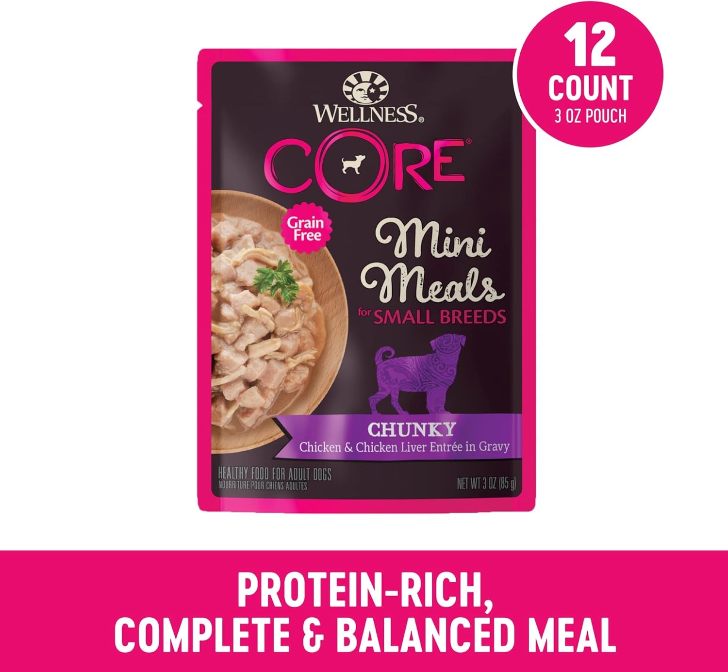 CORE Natural Grain Free Small Breed Mini Meals Wet Dog Food, Chunky Chicken & Chicken Liver Entrée in Gravy, 3-Ounce Pouch (Pack of 12)