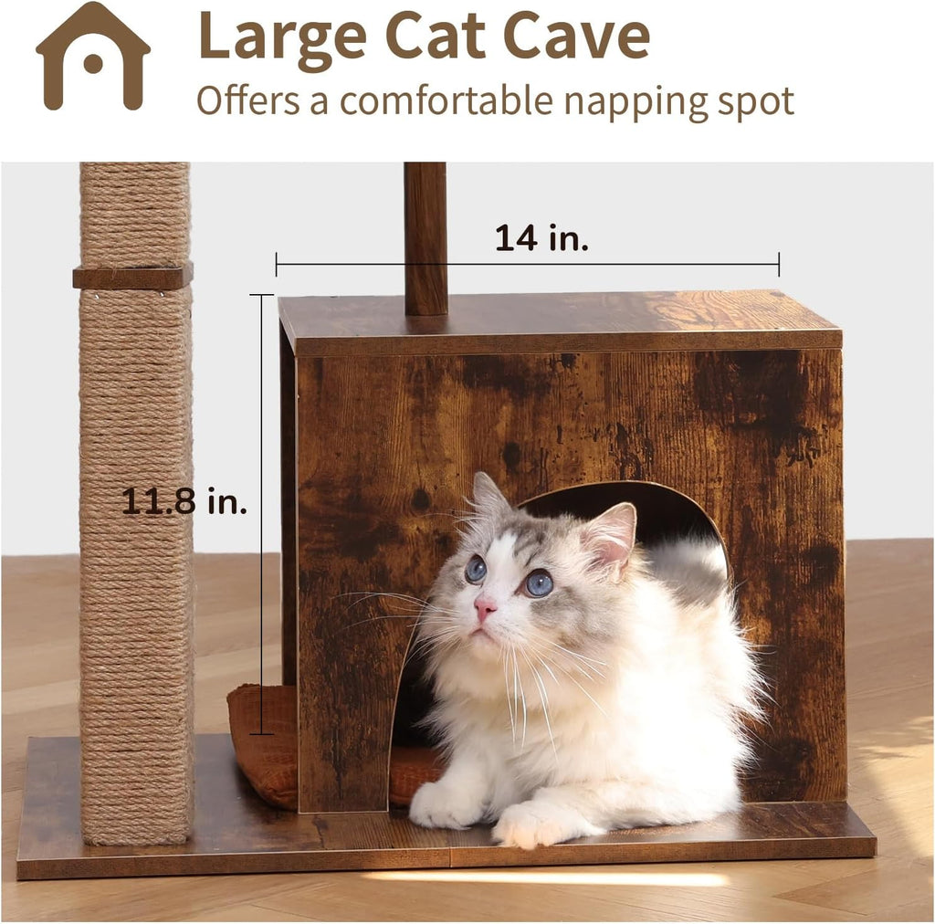 Cat Scratching Post, Modern Style Cat Tree with Unique Square Post, Wooden Cat Tower with Silvervine Balls, Retro Cat Condo Scratcher for Indoor Cats（Solid Wood）