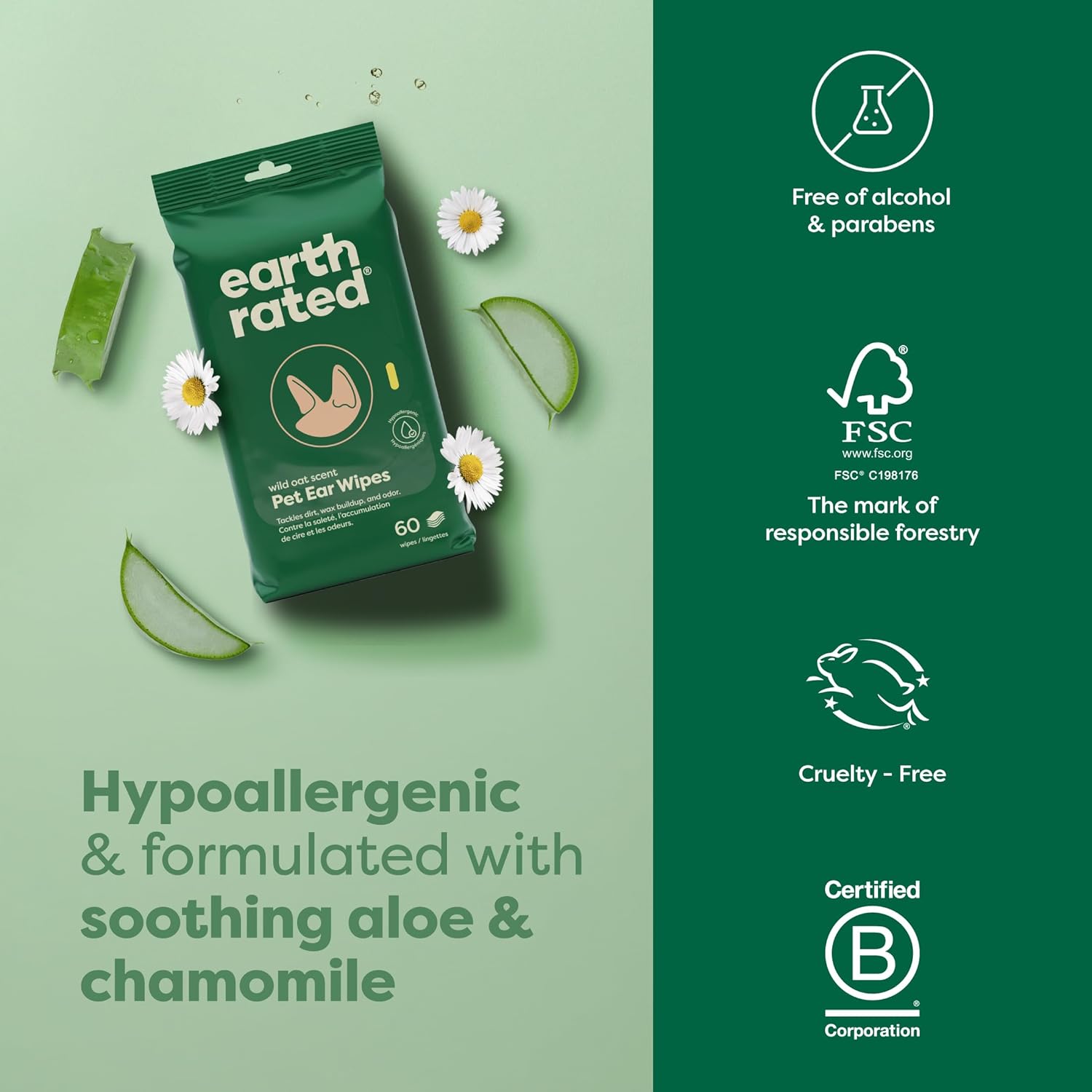 Vet-Developed Pet Ear Wipes, Hypoallergenic Cleaner for Dogs & Cats Ears to Remove Dirt and Wax Build Up, Wild Oat Scent, 70 Count