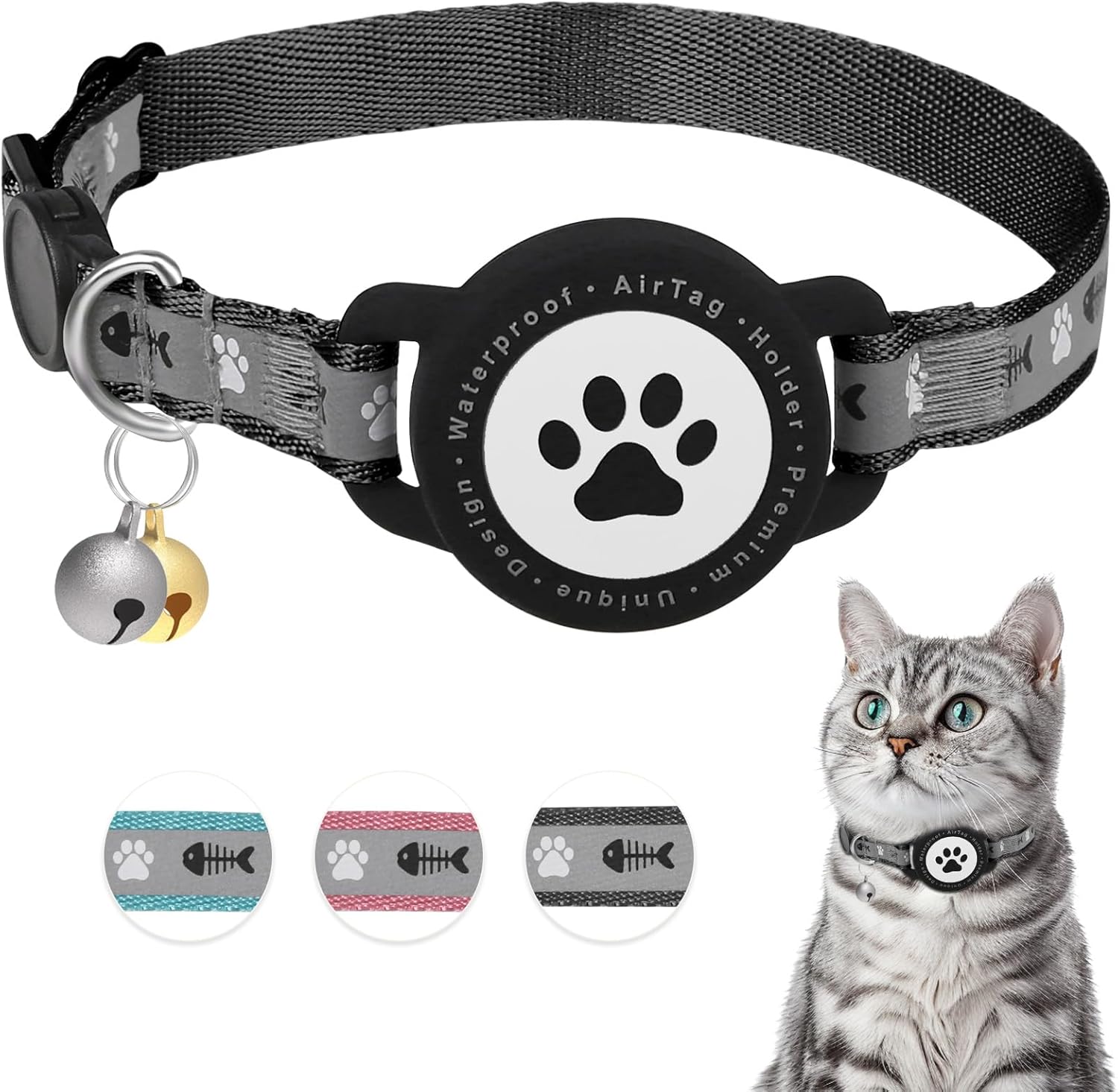 Waterproof Airtag Cat Collar, Reflective Cat Airtag Collar with Bell, Breakaway Cat Collar Airtag Holder, Lightweight Kitten Collar for Apple Air Tag, Cat GPS Collars for Girl Boy Cats, Kitten (Black)