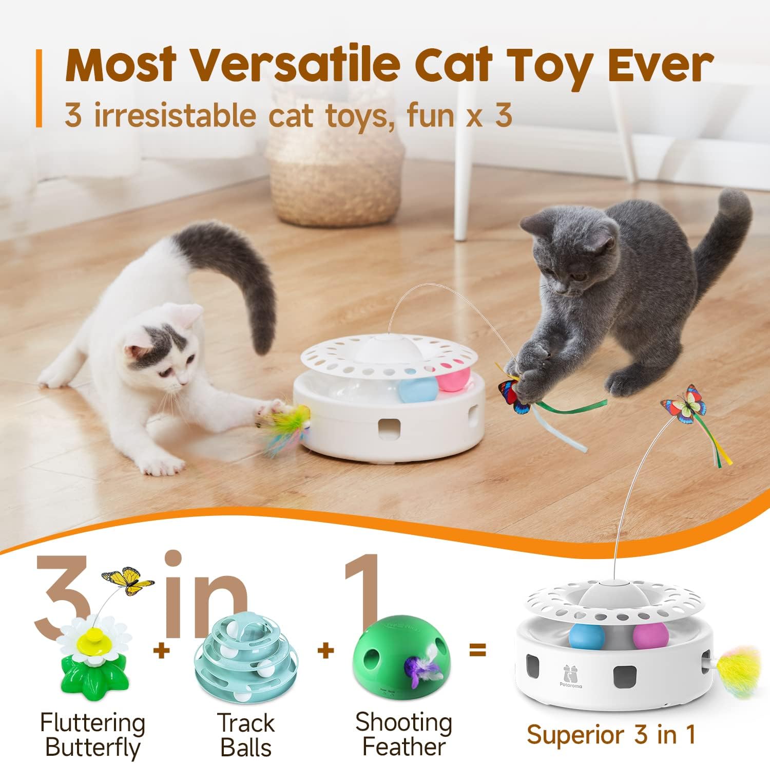 Cat Toys 3In1 Automatic Interactive Kitten Toy, Fluttering Butterfly, Moving Feather, Track Balls, Dual Power Supplies, USB Powered, Indoor Exercise Kicker (Bright White)