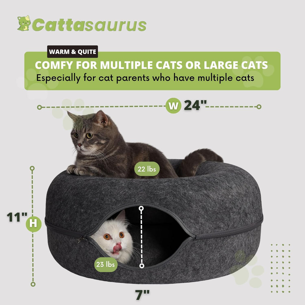 Peekaboo Cat Cave Donut for Multiple & Large Cats up to 30-45 Lbs, 3-In-1 Self Warming Cat Bed, Tunnel & Scratcher for Indoor Cats, Washable & Detachable (Dark Gray + Dark Gray, Large)