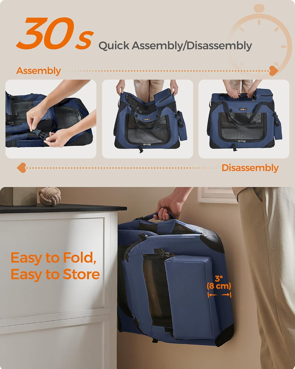 24 Inches Collapsible Soft Dog Crate, Portable Travel Dog Crate for Indoor and Outdoor Use, Dog Carrier Kennel with Safety Zippers, for Living Room, Car, Travelling, Campin, Dark Blue UPDC60Z