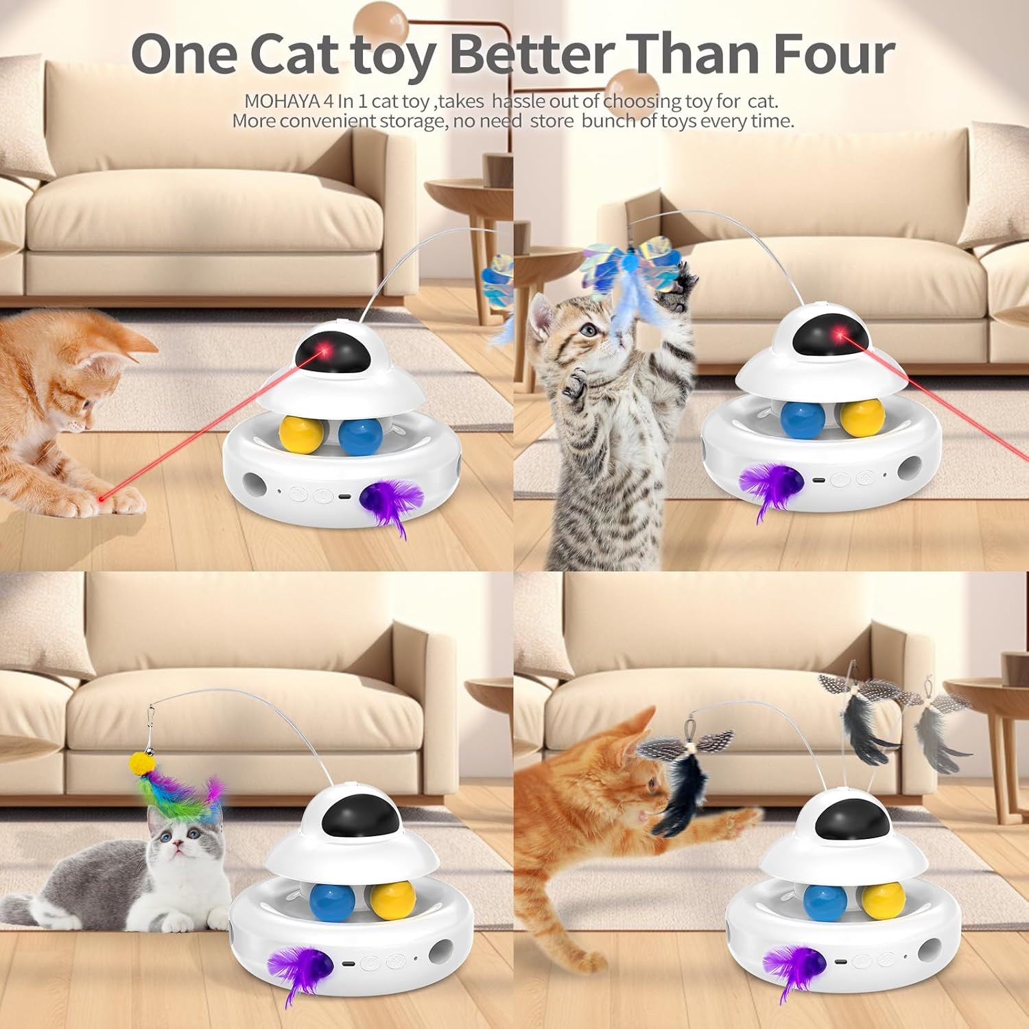 Interactive Cat Toys for Indoor Cats,4-In-1 Automatic Kitten Toy,Motion Activated Electronic Fluttering Butterfly,Track Balls, Moving Feather Toys for All Breeds,Usb Rechargeable