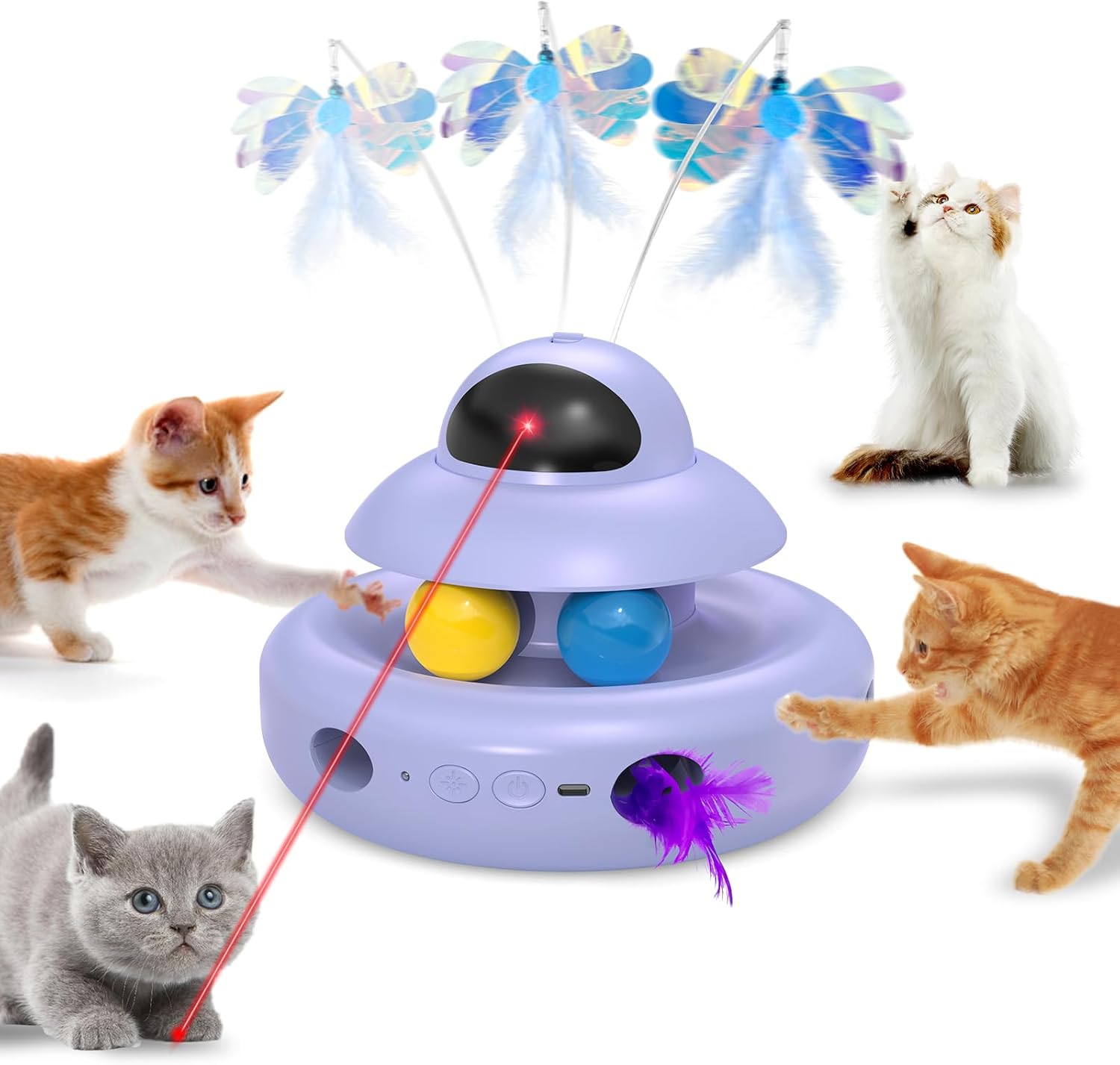 Interactive Cat Toys for Indoor Cats,4-In-1 Automatic Kitten Toy,Motion Activated Electronic Fluttering Butterfly,Track Balls, Moving Feather Toys for All Breeds,Usb Rechargeable