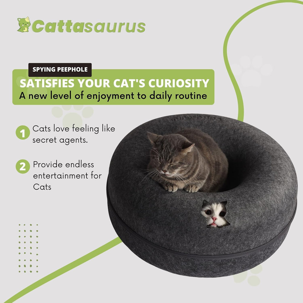 Peekaboo Cat Cave Donut for Multiple & Large Cats up to 30-45 Lbs, 3-In-1 Self Warming Cat Bed, Tunnel & Scratcher for Indoor Cats, Washable & Detachable (Dark Gray + Dark Gray, Large)