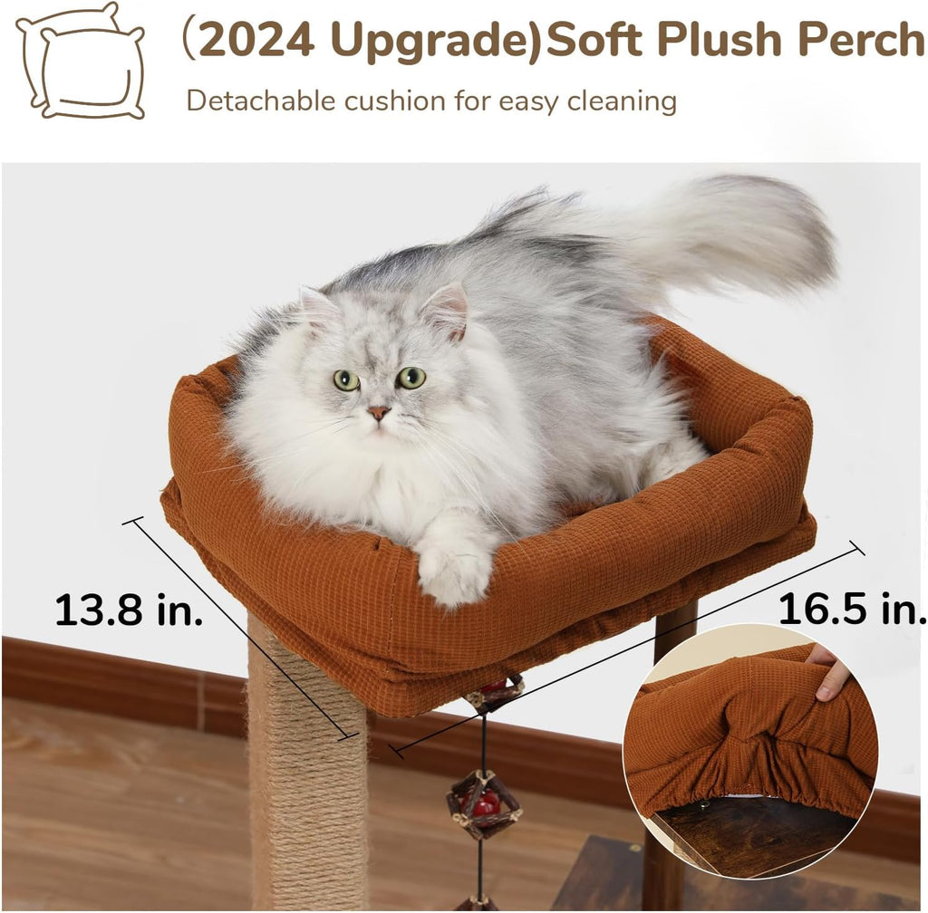 Cat Scratching Post, Modern Style Cat Tree with Unique Square Post, Wooden Cat Tower with Silvervine Balls, Retro Cat Condo Scratcher for Indoor Cats（Solid Wood）
