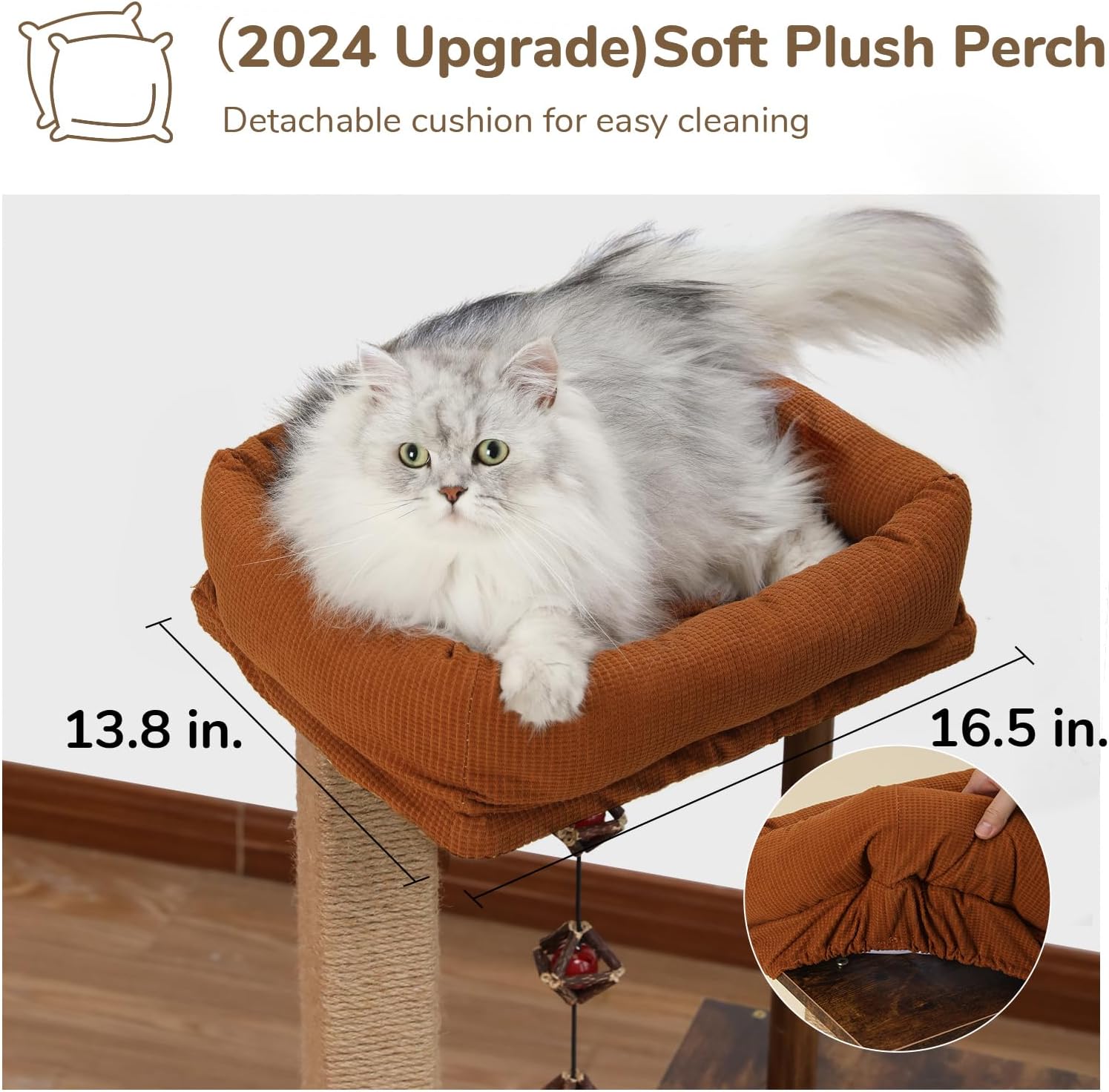 Cat Scratching Post, Modern Style Cat Tree with Unique Square Post, Wooden Cat Tower with Silvervine Balls, Retro Cat Condo Scratcher for Indoor Cats（Solid Wood）